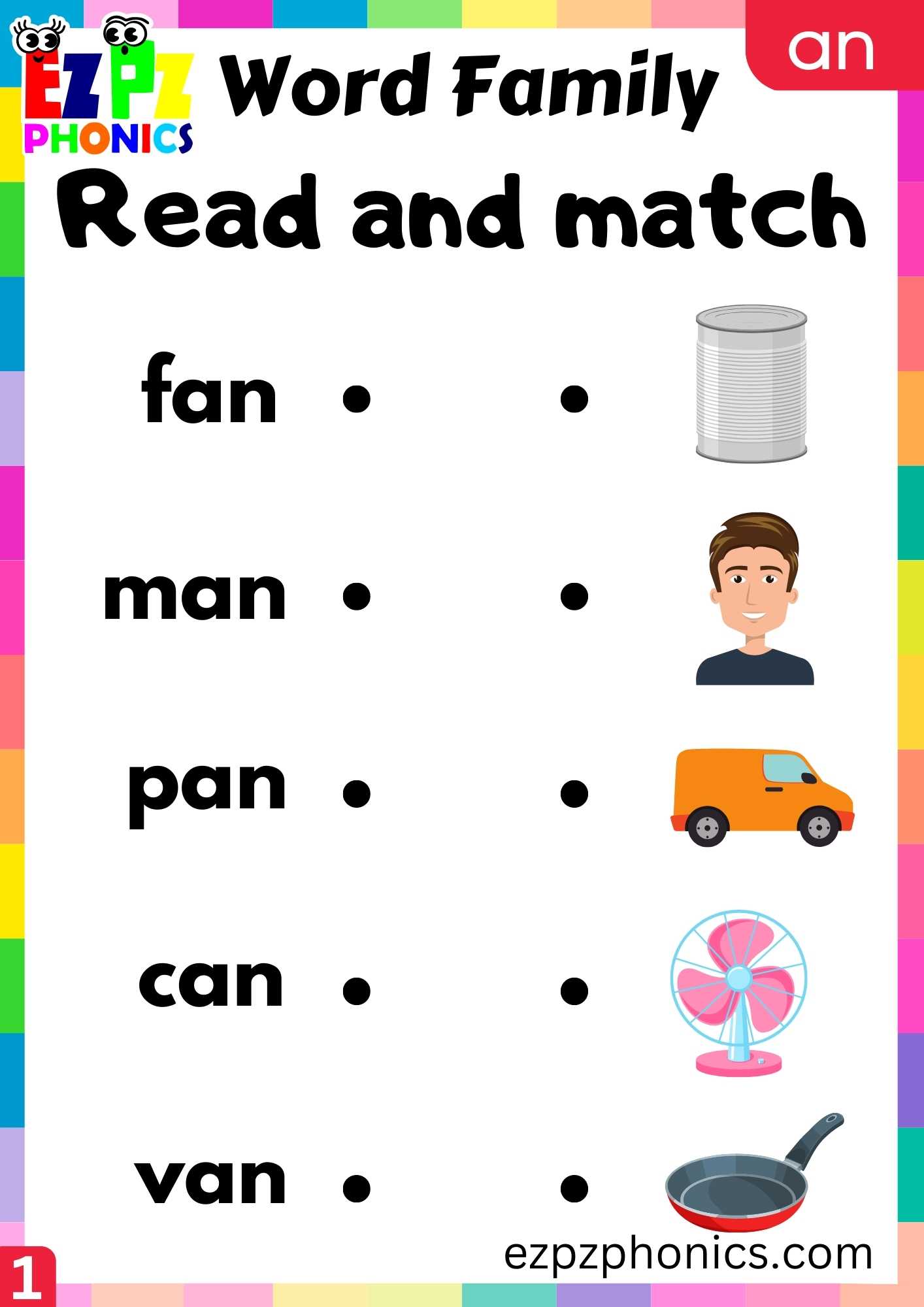 AN Words Read And Match Phonics Word Families Worksheet